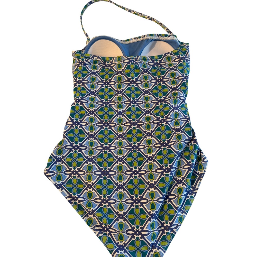 Tommy Bahama Womens Blue Green Geometric Tile Print Bandeau One Piece Swimsuit 8 - Picture 2 of 4